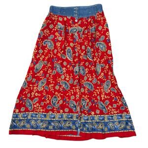 Vintage 90s Maxi Skirt Womens Large Red Blue Button Up Paisley Western Festival